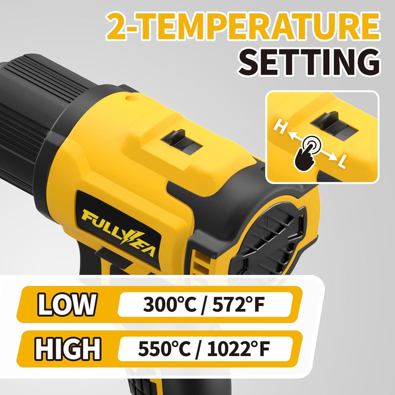 FULLYEA Cordless Heat Gun, Max 1022°F (550°C), Lightweight Hot Air Gun with 5 Nozzles & 2x4.0Ah Batteries, Portable Heat Gun Kit for Shrink Tubing, PVC Wrap, DIY Crafts (Yellow) - Image 2